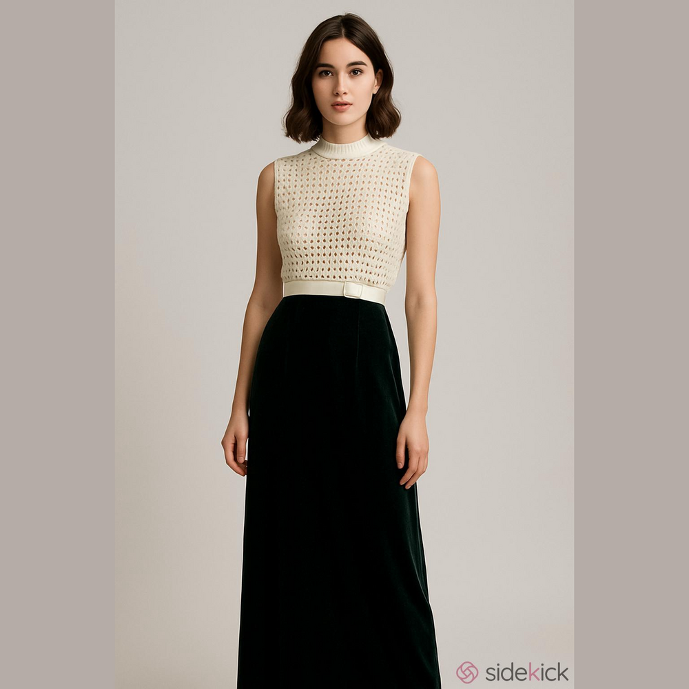 Vintage 70's Ivory & Green Velvet Maxi Evening Gown-Belt Not Included